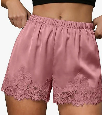Women's Satin Lace Trim Shorts: Cute Y2K Summer Lounge Bottoms with Pockets & Elastic Waist - Casual Loose Sleep Shorts