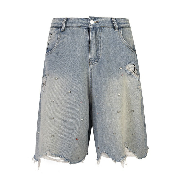 Trendy 2026 Distressed Denim Shorts with Beaded Details Unisex Summer Vintage Five Points Shorts Fashion Main image
