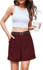 Women's High-Waist Wide-Leg Dress Shorts: Comfortable Elastic Waist Casual Work Trousers for Summer