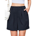 Women's High-Waist Wide-Leg Dress Shorts: Comfortable Elastic Waist Casual Work Trousers for Summer