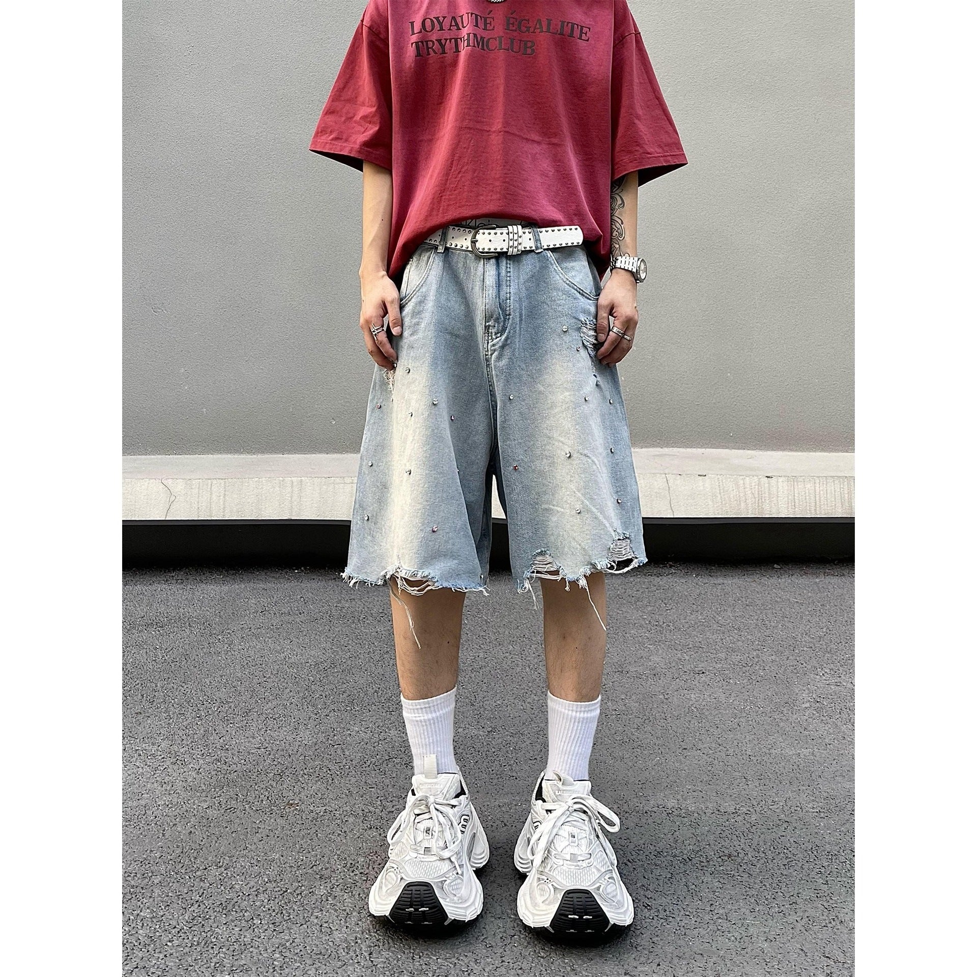 Trendy 2026 Distressed Denim Shorts with Beaded Details Unisex Summer Vintage Five Points Shorts Fashion Secondary image