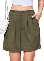 Women's High-Waist Wide-Leg Dress Shorts: Comfortable Elastic Waist Casual Work Trousers for Summer