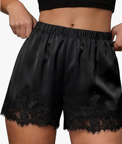 Women's Satin Lace Trim Shorts: Cute Y2K Summer Lounge Bottoms with Pockets & Elastic Waist - Casual Loose Sleep Shorts