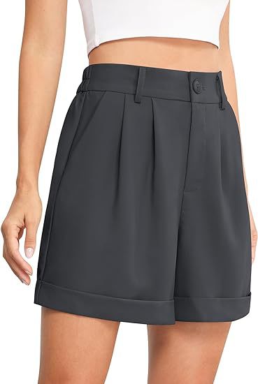 Women's High-Waist Wide-Leg Dress Shorts: Comfortable Elastic Waist Casual Work Trousers for Summer