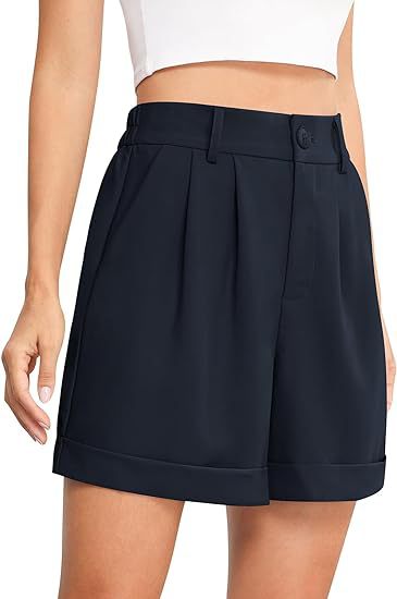 Women's High-Waist Wide-Leg Dress Shorts: Comfortable Elastic Waist Casual Work Trousers for Summer