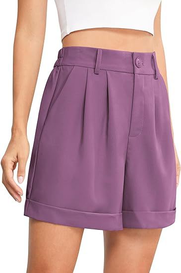 Women's High-Waist Wide-Leg Dress Shorts: Comfortable Elastic Waist Casual Work Trousers for Summer