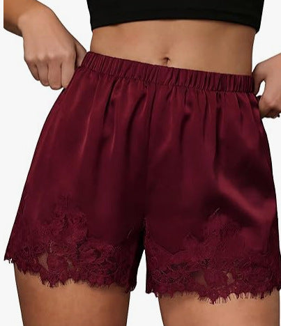 Women's Satin Lace Trim Shorts: Cute Y2K Summer Lounge Bottoms with Pockets & Elastic Waist - Casual Loose Sleep Shorts