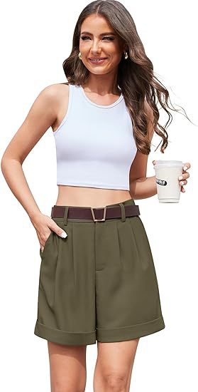 Women's High-Waist Wide-Leg Dress Shorts: Comfortable Elastic Waist Casual Work Trousers for Summer