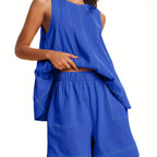 Elegant Solid Co-ord Set: Round Neck Tank Top & Wide-Leg Shorts