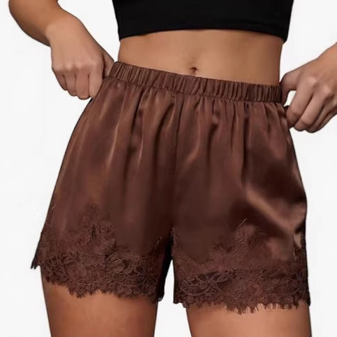 Women's Satin Lace Trim Shorts: Cute Y2K Summer Lounge Bottoms with Pockets & Elastic Waist - Casual Loose Sleep Shorts Main image