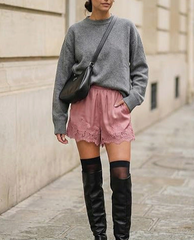 Women's Satin Lace Trim Shorts: Cute Y2K Summer Lounge Bottoms with Pockets & Elastic Waist - Casual Loose Sleep Shorts