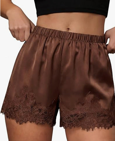 Women's Satin Lace Trim Shorts: Cute Y2K Summer Lounge Bottoms with Pockets & Elastic Waist - Casual Loose Sleep Shorts