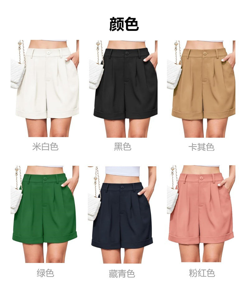 Women's High-Waist Wide-Leg Dress Shorts: Comfortable Elastic Waist Casual Work Trousers for Summer