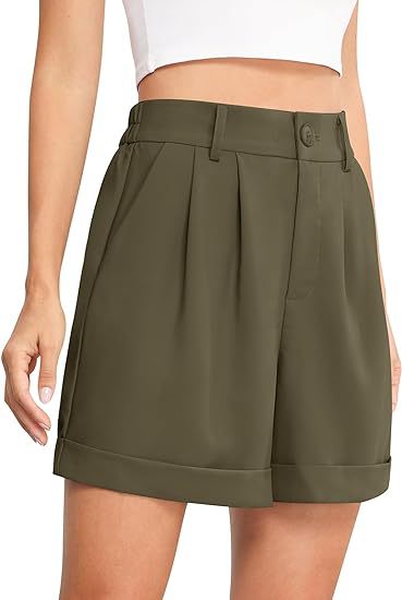 Women's High-Waist Wide-Leg Dress Shorts: Comfortable Elastic Waist Casual Work Trousers for Summer