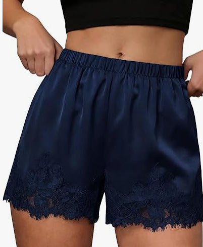 Women's Satin Lace Trim Shorts: Cute Y2K Summer Lounge Bottoms with Pockets & Elastic Waist - Casual Loose Sleep Shorts