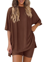 Crewneck Two-Piece Set ForWomen Summer Casual Oversized Split HemShirts & Side Pocket Biker Shorts