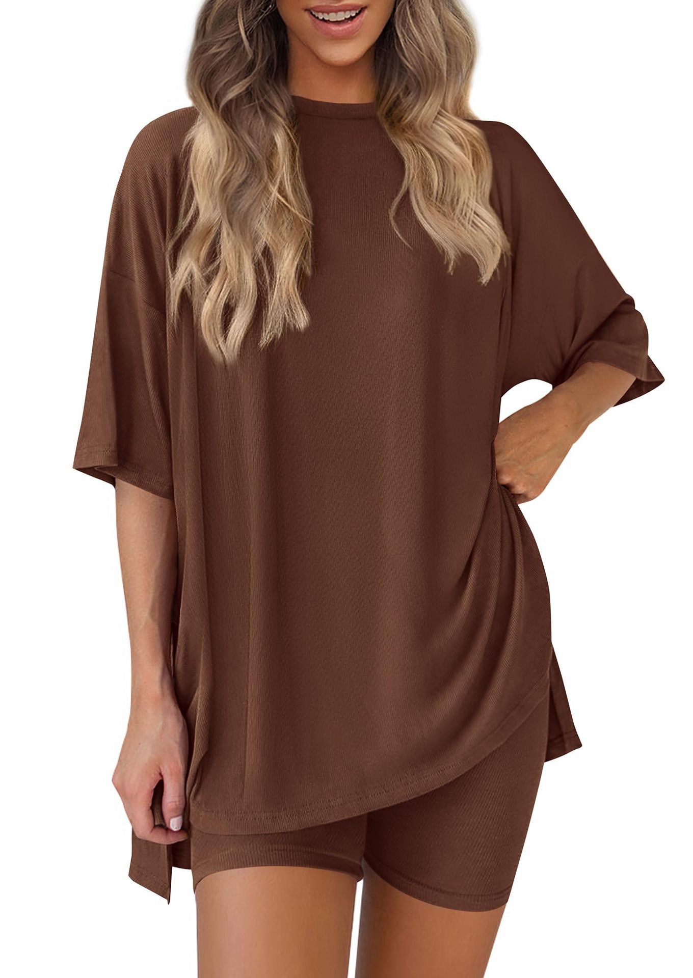 Crewneck Two-Piece Set ForWomen Summer Casual Oversized Split HemShirts & Side Pocket Biker Shorts