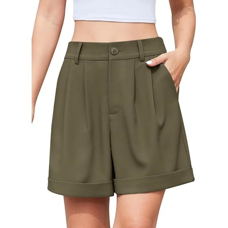 Women's High-Waist Wide-Leg Dress Shorts: Comfortable Elastic Waist Casual Work Trousers for Summer