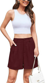 Women's High-Waist Wide-Leg Dress Shorts: Comfortable Elastic Waist Casual Work Trousers for Summer