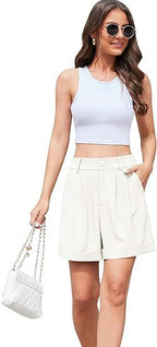 Women's High-Waist Wide-Leg Dress Shorts: Comfortable Elastic Waist Casual Work Trousers for Summer
