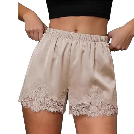 Women's Satin Lace Trim Shorts: Cute Y2K Summer Lounge Bottoms with Pockets & Elastic Waist - Casual Loose Sleep Shorts