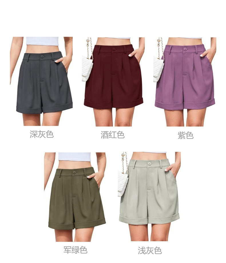 Women's High-Waist Wide-Leg Dress Shorts: Comfortable Elastic Waist Casual Work Trousers for Summer