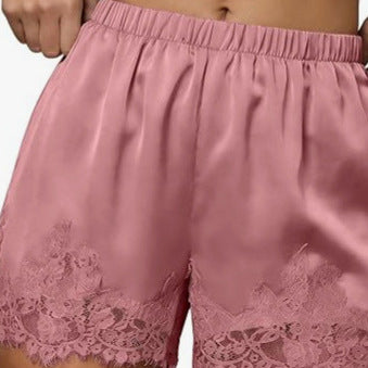 Women's Satin Lace Trim Shorts: Cute Y2K Summer Lounge Bottoms with Pockets & Elastic Waist - Casual Loose Sleep Shorts