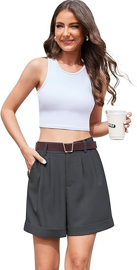 Women's High-Waist Wide-Leg Dress Shorts: Comfortable Elastic Waist Casual Work Trousers for Summer