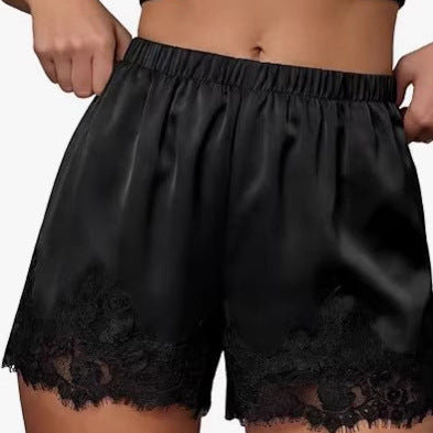 Women's Satin Lace Trim Shorts: Cute Y2K Summer Lounge Bottoms with Pockets & Elastic Waist - Casual Loose Sleep Shorts