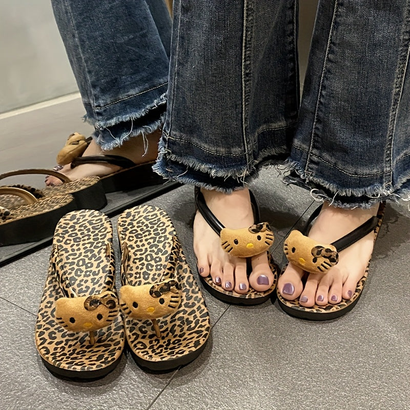 Sanrio Hello Kitty Women's Flip Flops - Leopard Print Soft Microfiber & EVA Thick Sole Slip-On Sandals, Black\u002FBrown Casual Beach Slippers for Summer Travel & Daily Wear, Beach Shoes