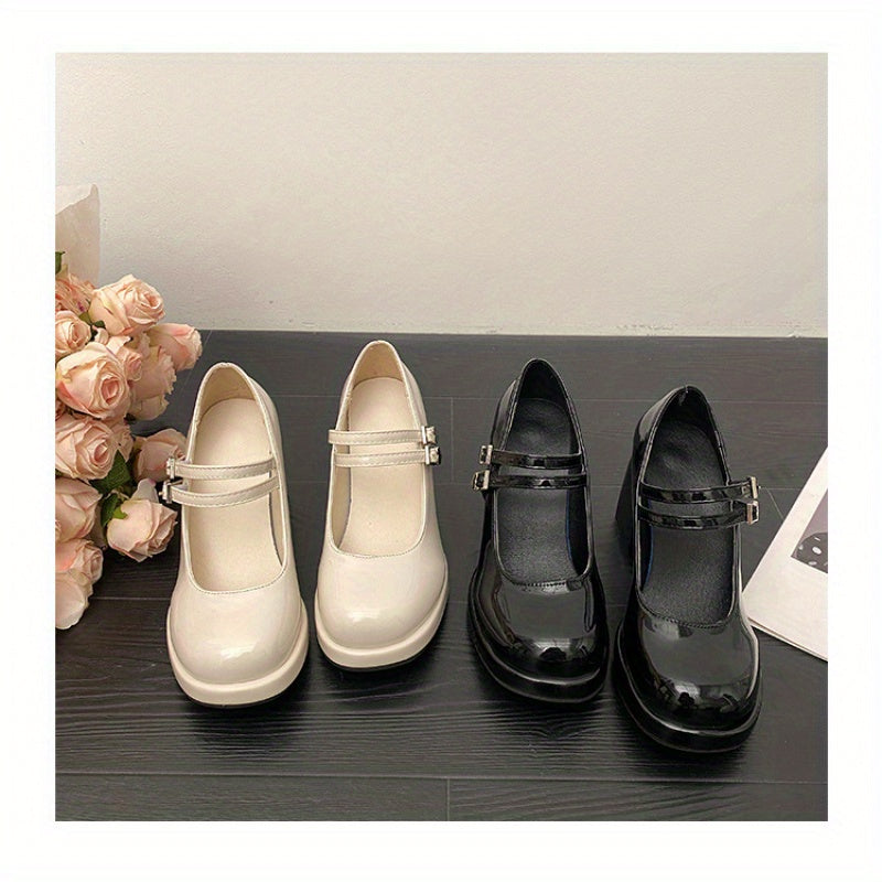 Chunky Heel Shoes Retro Chunky Heel Pumps | Women's French-Inspired Mary Jane Heels with Bow Detail, Round Toe & PU Cover Upper, Rubber Sole - Perfect for Summer & Autumn