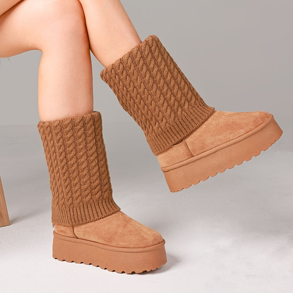 Women's Cozy Faux Fur-Lined Winter Snow Boots - Warm, Non-Slip Platform Wedge Heels with Thick Rubber Sole, Pull-On Comfort in Brown, Ribbed Knit Design for Added Warmth, Winter Boots