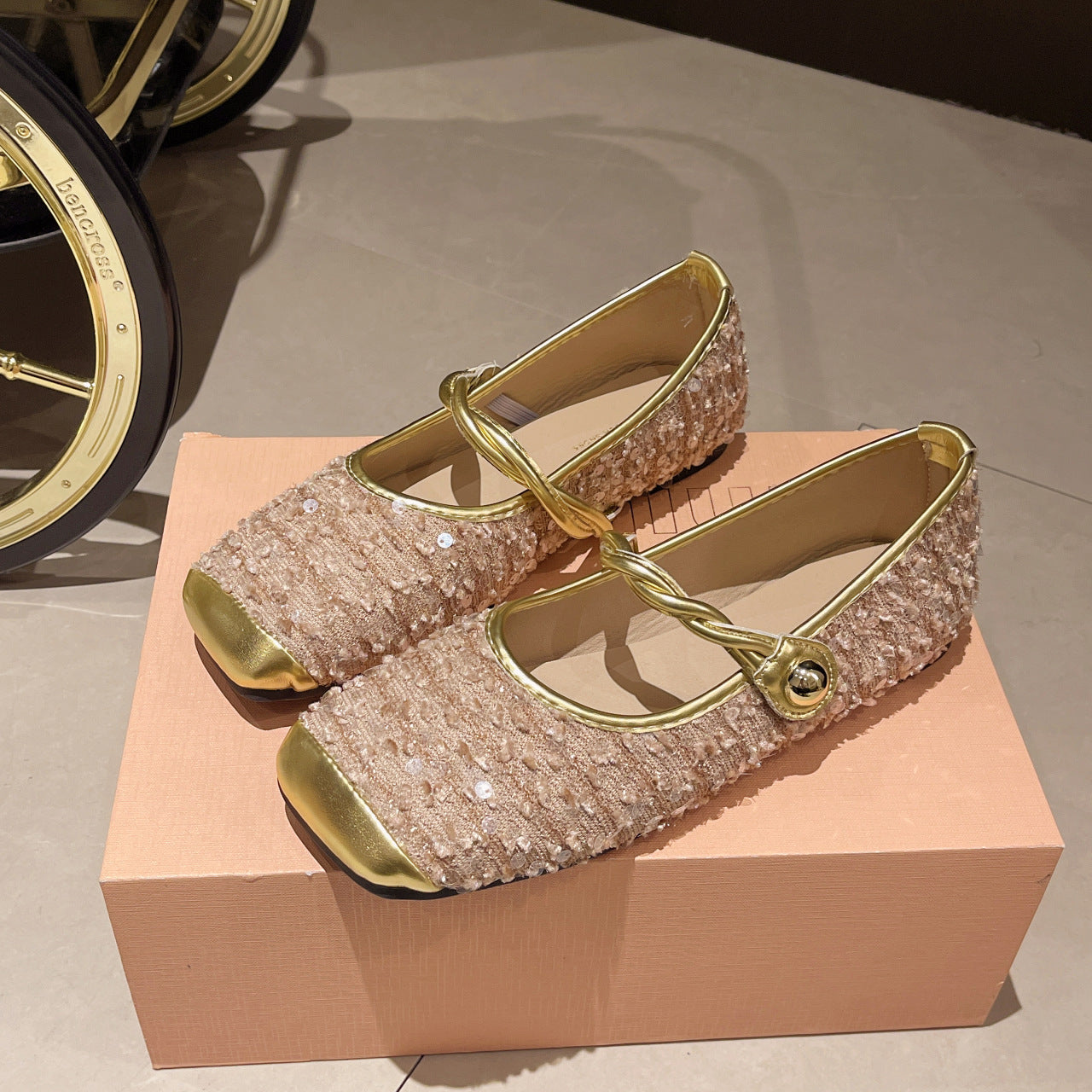 Women's French Single Shoes - Beige & Golden Glam Flat Sole Closure Flats, Low-Cut One-Strap Closure, All-Season Party & Everyday Shoes for Women - Elegant European Flair Footwear, Casual Elegance, Chic Flats, Decorative Straps, Fashion Lovers