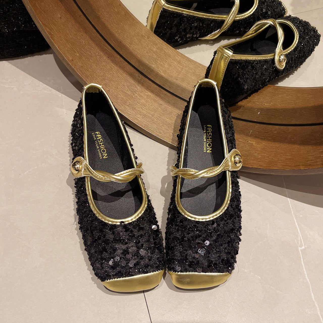 Women's Sparkling Sequin French Slip-On Shoes - Elegant Square Toe Low-Cut Flat Sole with Buckle Closure, All-Season Casual to Semi-Formal Black Sparkling Flats, Comfortable EVA Insole & Rubber Outsole for Parties, Office, Casual Attire