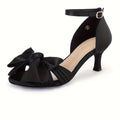 Women's Black Kitten Heel Sandals with Bow Detail - Open-Toe Ankle Strap, Hook & Loop Closure, Canvas Upper & PU Sole for Weddings, Parties, Dress Shoes, Wedding Guest Footwear | Synthetic Cover Footwear
