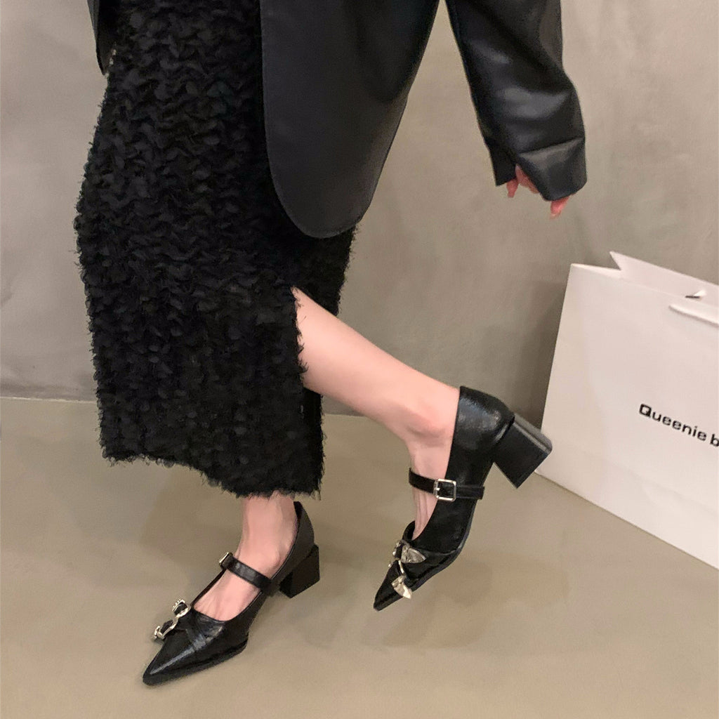 Women's French-Style Mary Jane Pointed-Toe High Heel Shoes - PU Cover-like Glossy Faux Cover with Golden Buckle Strap, Solid Black\u002FWhite\u002FBrown\u002FTan\u002FBurgundy - All-Season Elegant Dress Shoes with EVA Cushioned Insole & Rubber Sole, Hand