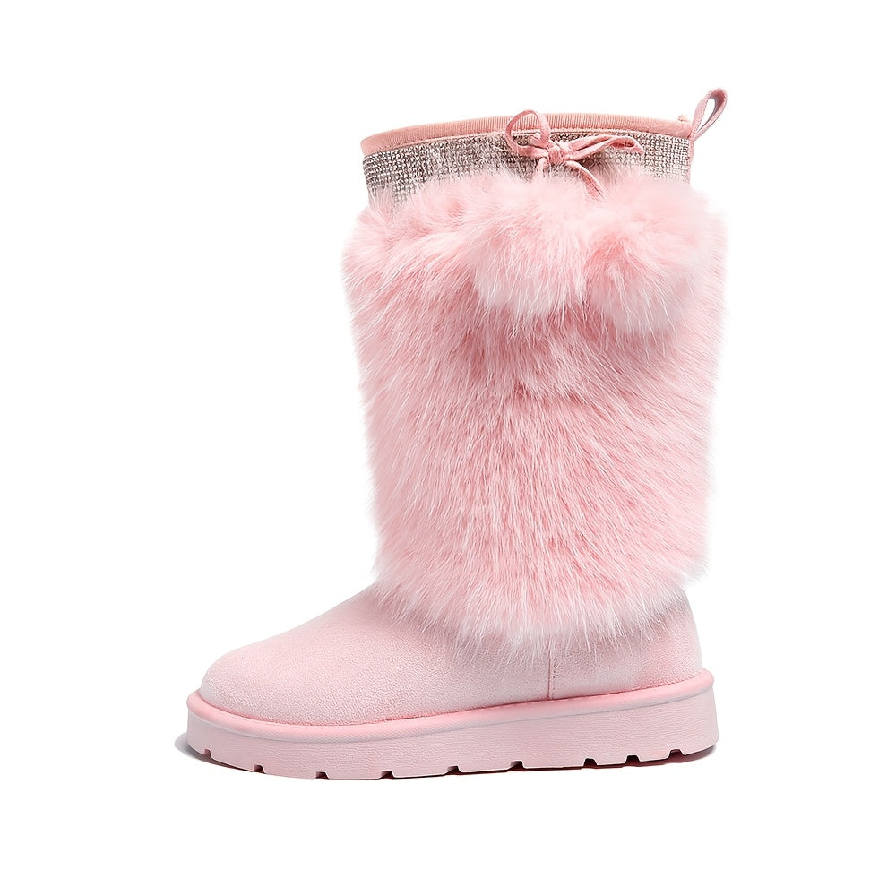 Women'S Plush Fur Ball Snow Boots, Mid-Calf Winter Booties, With Fabric Upper, Lining, Insole, PVC Sole, For Winter