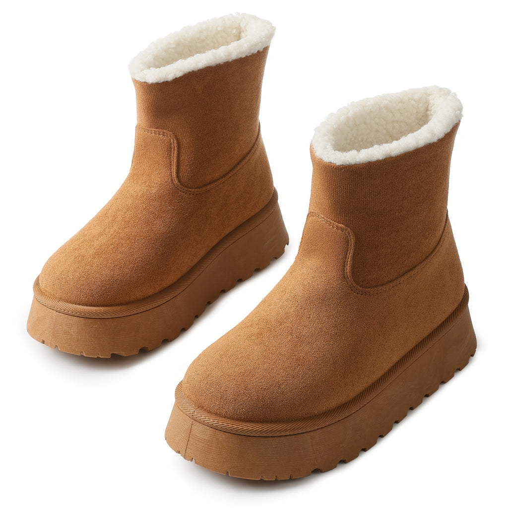 Women's Cozy Faux Fur-Lined Cover Winter Snow Boots - Warm Plush Ankle Booties with Anti-Slip Platform Sole, Pull-On Design, Round Toe, and Thick Rubber Heel for Casual Comfort