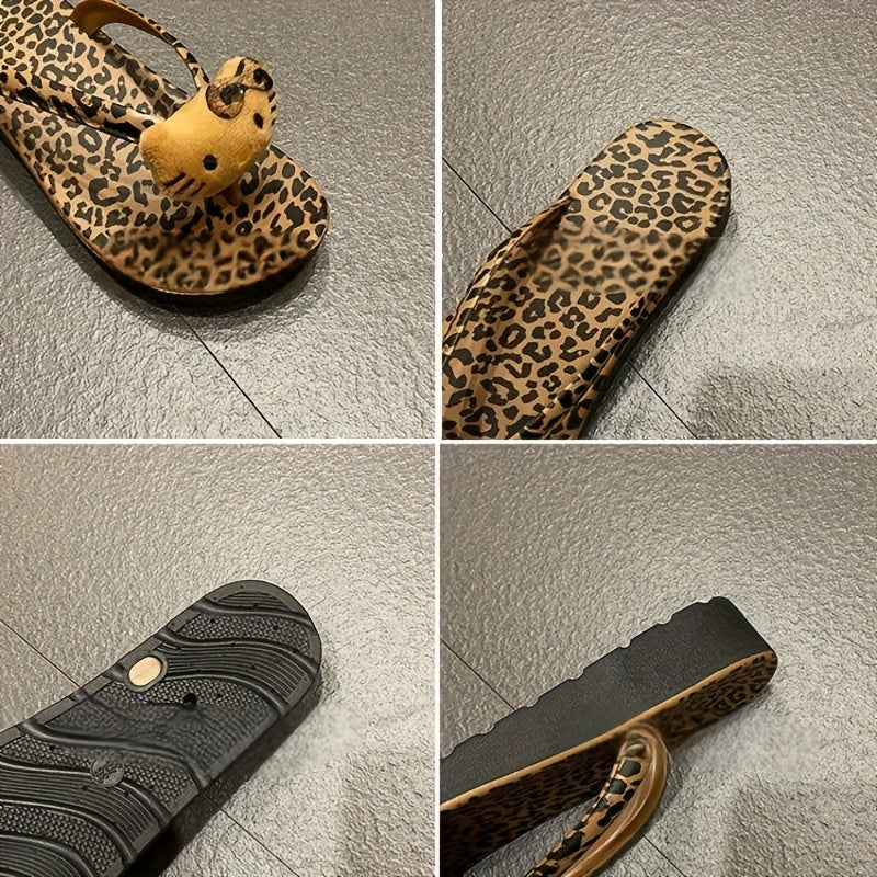 Sanrio Hello Kitty Women's Flip Flops - Leopard Print Soft Microfiber & EVA Thick Sole Slip-On Sandals, Black\u002FBrown Casual Beach Slippers for Summer Travel & Daily Wear, Beach Shoes