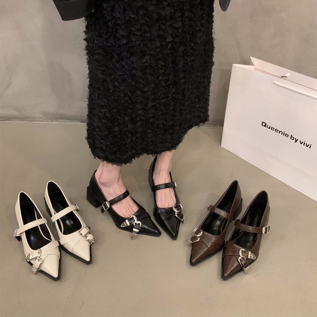 Women's French-Style Mary Jane Pointed-Toe High Heel Shoes - PU Cover-like Glossy Faux Cover with Golden Buckle Strap, Solid Black\u002FWhite\u002FBrown\u002FTan\u002FBurgundy - All-Season Elegant Dress Shoes with EVA Cushioned Insole & Rubber Sole, Hand