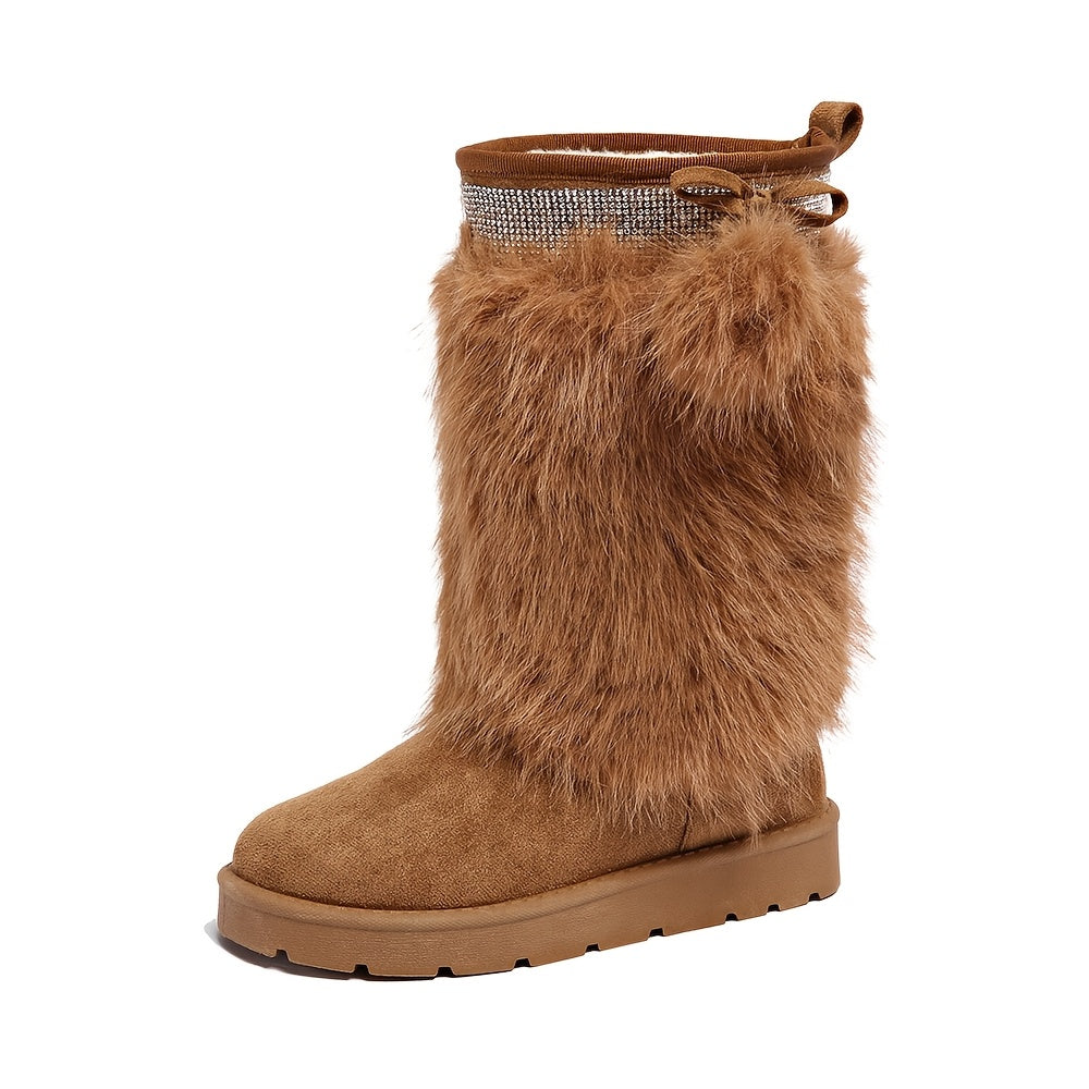 Women'S Plush Fur Ball Snow Boots, Mid-Calf Winter Booties, With Fabric Upper, Lining, Insole, PVC Sole, For Winter