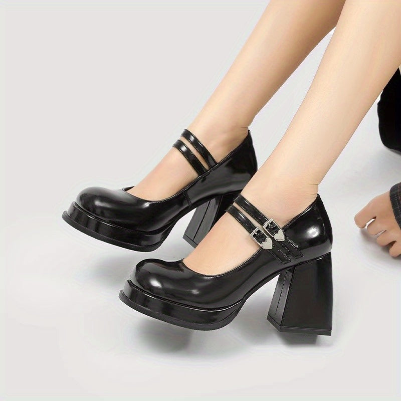 Chunky Heel Shoes Retro Chunky Heel Pumps | Women's French-Inspired Mary Jane Heels with Bow Detail, Round Toe & PU Cover Upper, Rubber Sole - Perfect for Summer & Autumn