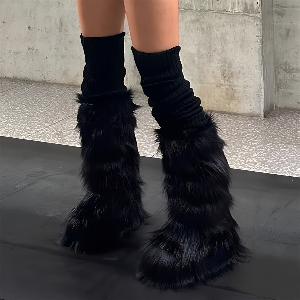 Women's Faux Fur Winter Snow Boots - Warm Plush Lined, Fluffy Knee-High Fashion Boots with Flat Heel, Ideal for Y2K Halloween Party and Casual Wear, Casual Snow Boots|Y2K Fashion Boots|Rubber Sole Boots, Winter Boots