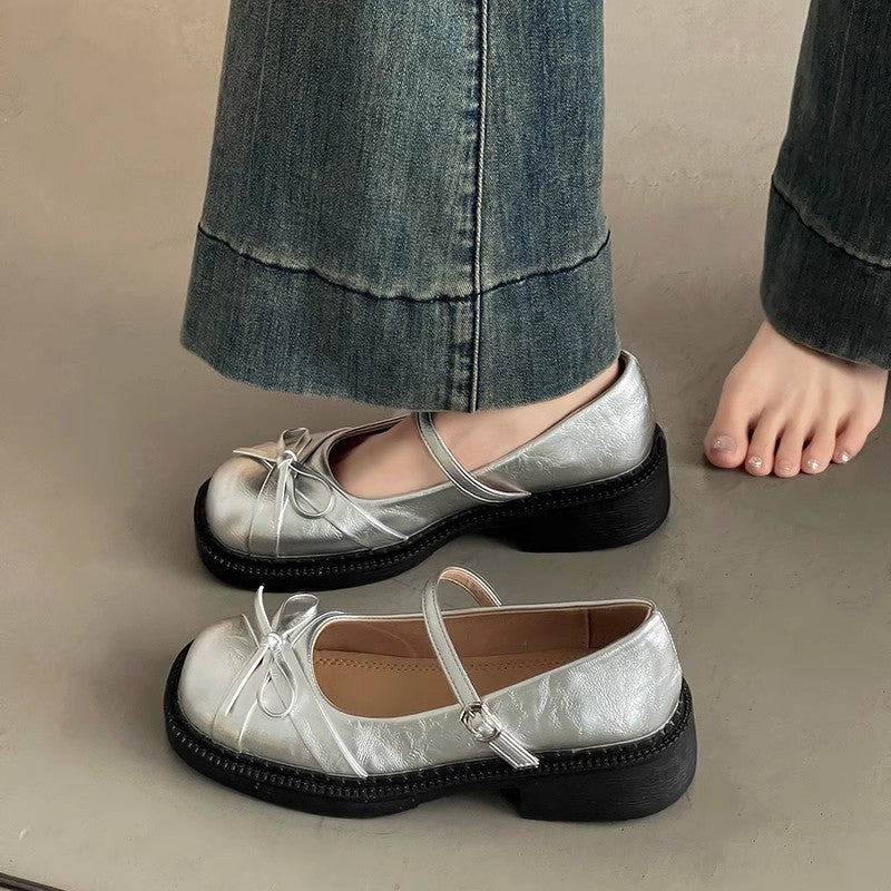French new style spring and summer retro Women's chunky- heeled shoes, Silvery bow- adorned Mary Jane single- sole shoes, small Cover shoes