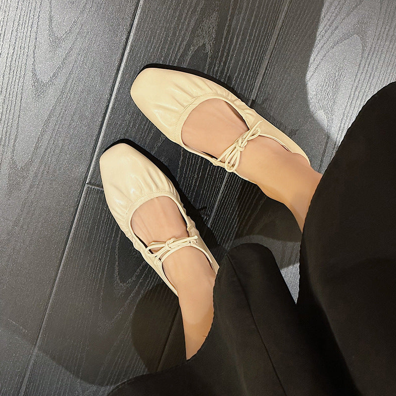 Metallic Pleated Detail Square Toe Flat Shoes Charming Outdoor Flat Shoes French Soft Cover Soft Bottom Retro Beautiful Flat Shoes Niche Lace-up Loafers Golden Silvery Mary Jane Single Shoes Women, Designer Shoes for Women, Shoes for Women Comfortable, Wi