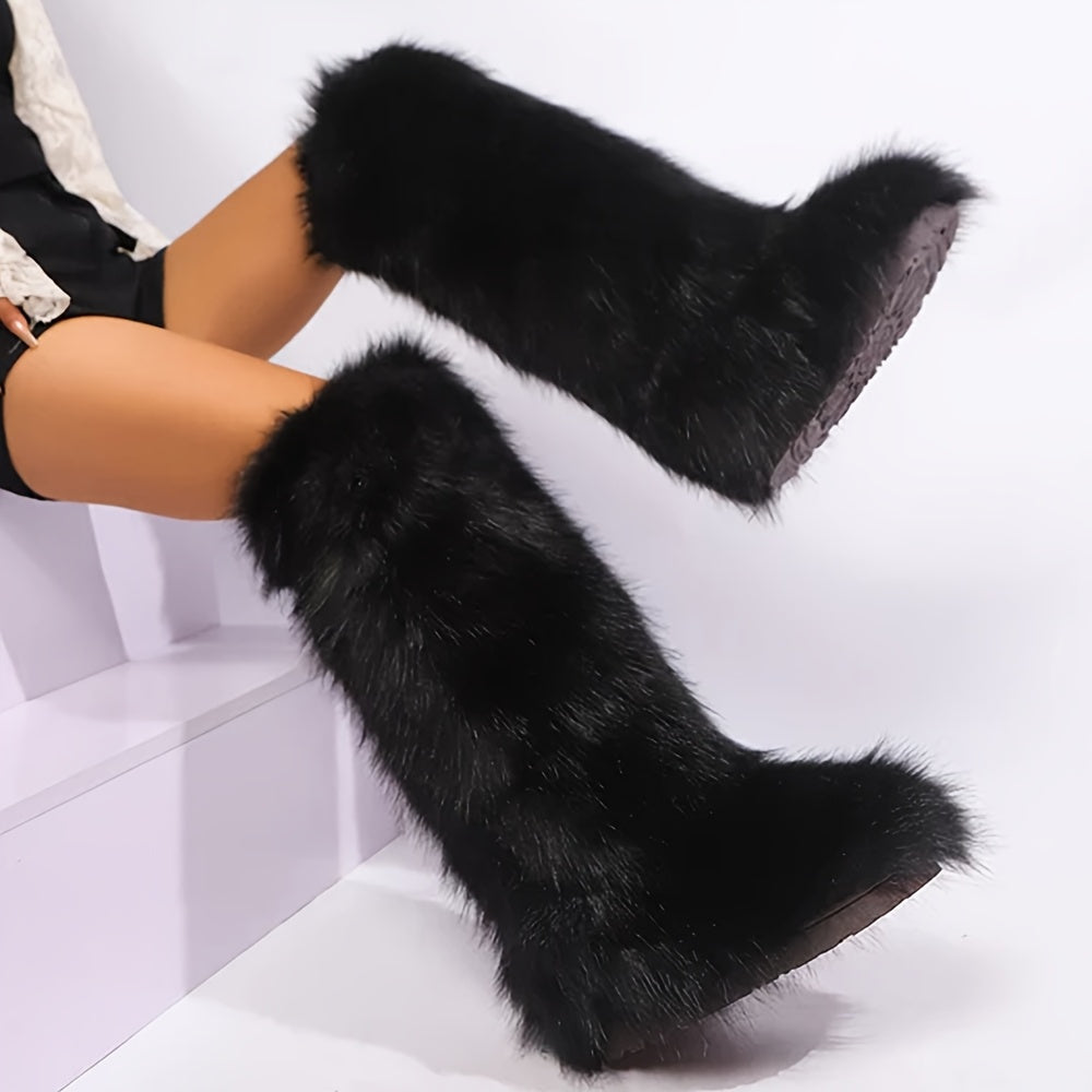 Women's Faux Fur Winter Snow Boots - Warm Plush Lined, Fluffy Knee-High Fashion Boots with Flat Heel, Ideal for Y2K Halloween Party and Casual Wear, Casual Snow Boots|Y2K Fashion Boots|Rubber Sole Boots, Winter Boots
