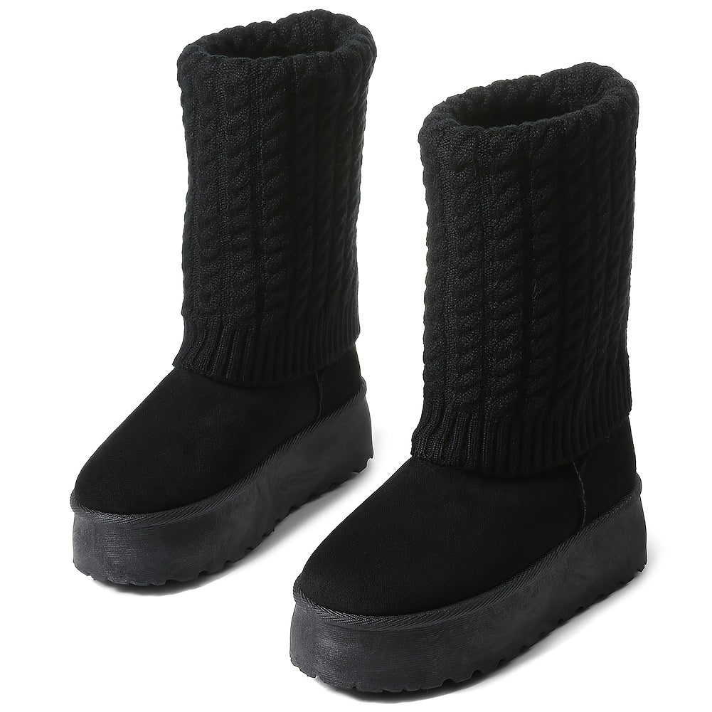 Women's Cozy Faux Fur-Lined Winter Snow Boots - Warm, Non-Slip Platform Wedge Heels with Thick Rubber Sole, Pull-On Comfort in Brown, Ribbed Knit Design for Added Warmth, Winter Boots