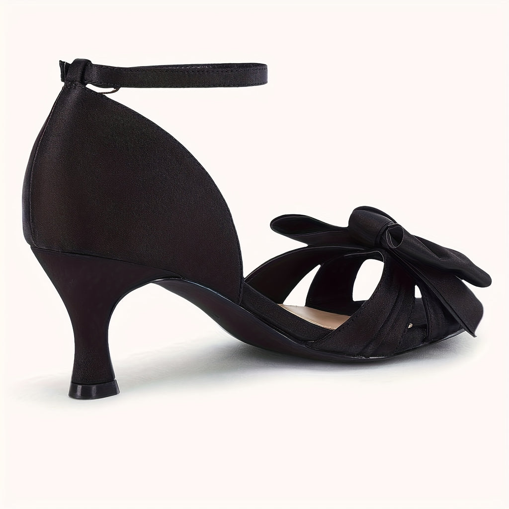 Women's Black Kitten Heel Sandals with Bow Detail - Open-Toe Ankle Strap, Hook & Loop Closure, Canvas Upper & PU Sole for Weddings, Parties, Dress Shoes, Wedding Guest Footwear | Synthetic Cover Footwear