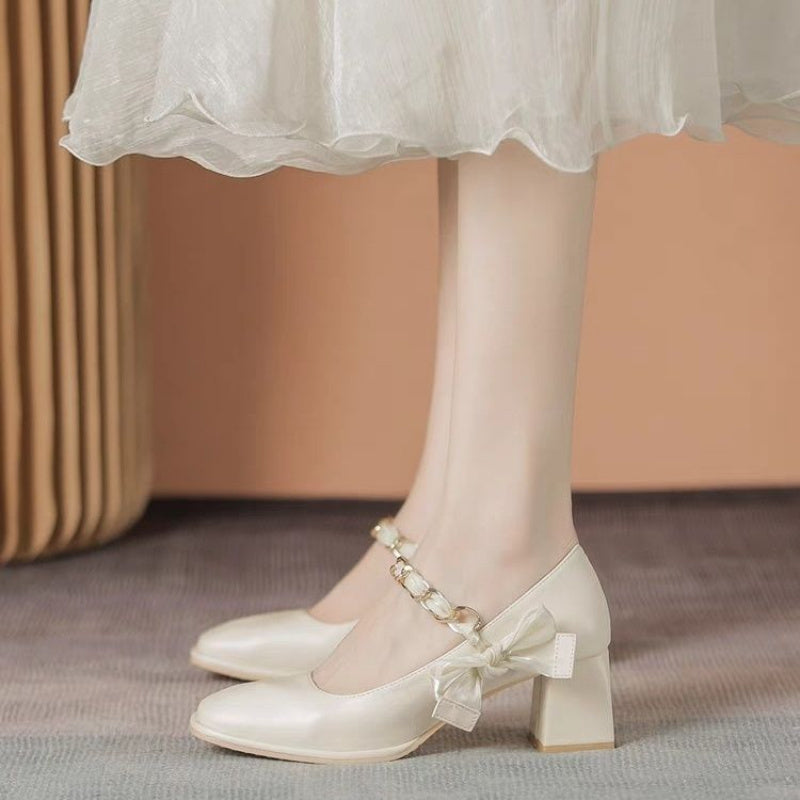 Elegant Retro Mary Jane Shoes - Square Toe, High Heels with Sequin Detail, PU Cover & Rubber Sole, Summer Women'S Fashion Footwear, Ladies Shoes