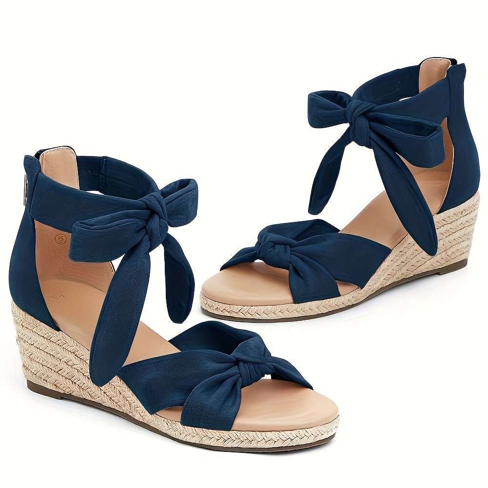 Women'S Grass Woven Slope Heel Sandals, High Heels, Open Toe Bow Zippered Lace Up Ankle Strap Shoes